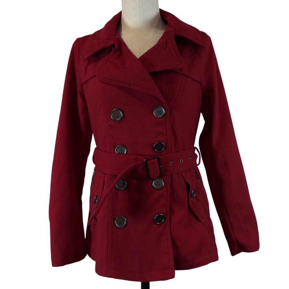 Rue 21 Womens Red Pea Coat Double Breasted Long Sleeve Belted Zip Pockets Size M